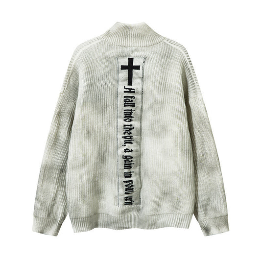 Tie dye used dirty stand up collar cardigan sweater