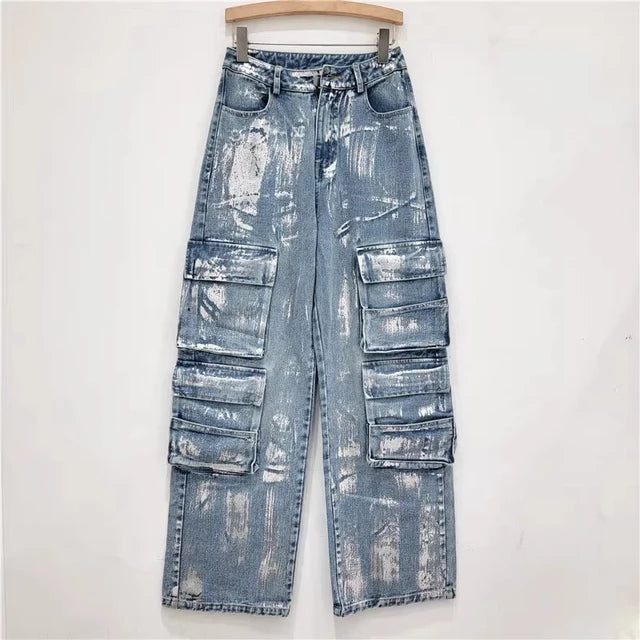 Fashion Women's Multiple Pockets Design Jeans High Waist Straight Wide Leg Denim Pants  Autumn New Items