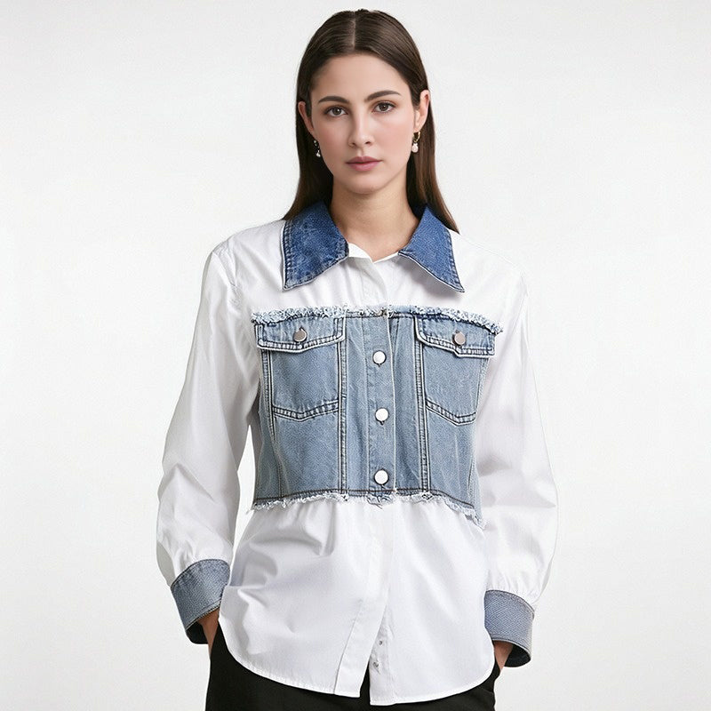 Fashion Women's Denim Spliced Shirt Loose Lapel Long Sleeves Single Breasted Tassel Blouse  Autumn New Items