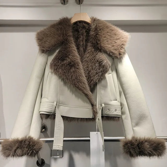 Winter New Items Fashion Women's Big Collar Short Motorcycle Coat Loose Casual Long Sleeve Fur Short Jacket