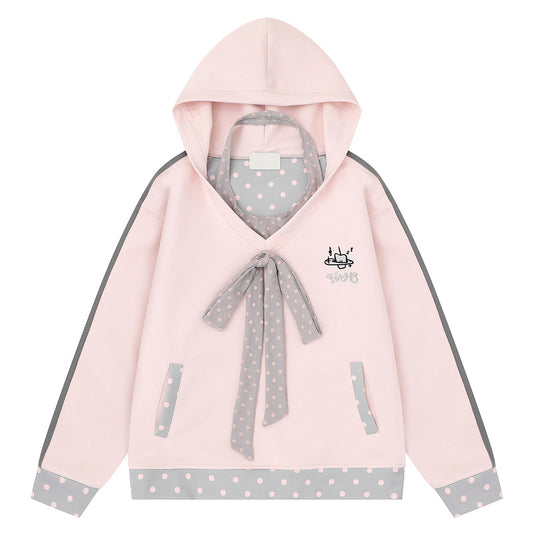 Sweet pink polka dot patchwork hooded sweatshirt