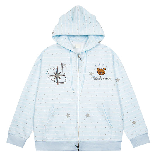 Striped star teddy bear loose shoulder zipper sweatshirt jacket