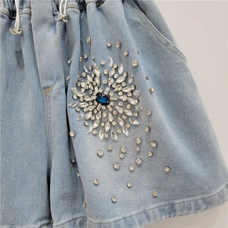 Summer New Items Diamond Elastic Waist Drawstring Design Shorts For Women High Waist Denim Hot Pants Female
