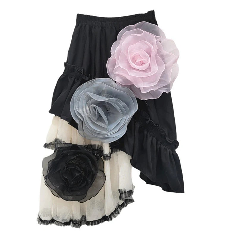 Autumn Fashion New Items Women's Mesh Patchwork Skirt High Elastic Waist Flowers Design A-line Skirt Female