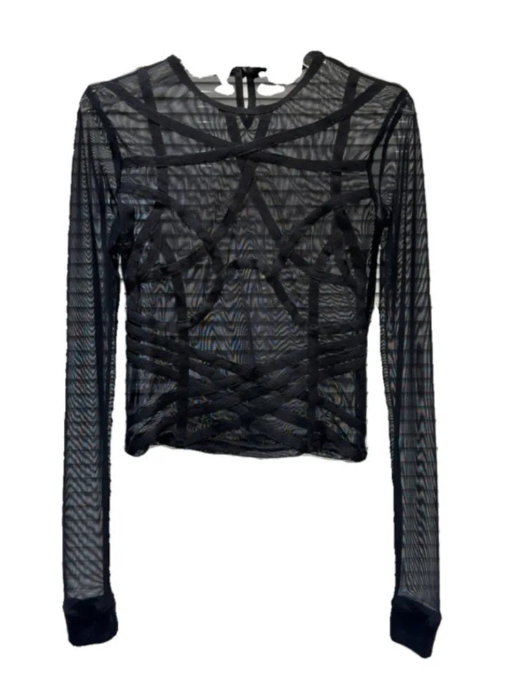 New Items Women's Spliced Mesh Perspective T-shirt  Winter Fashion Trendy O-neck Long Sleeves Pullovers Female