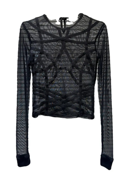New Items Women's Spliced Mesh Perspective T-shirt  Winter Fashion Trendy O-neck Long Sleeves Pullovers Female