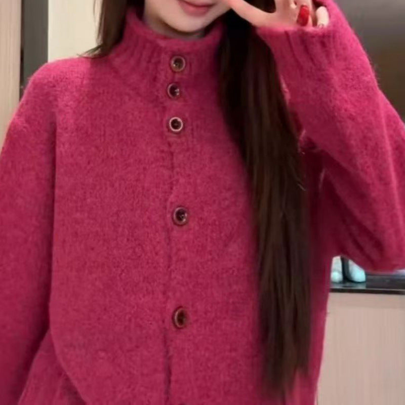 Lazy Elegant Knit Cardigan for Women, Loose Thick Single-Button High Neck Soft Knit Sweater