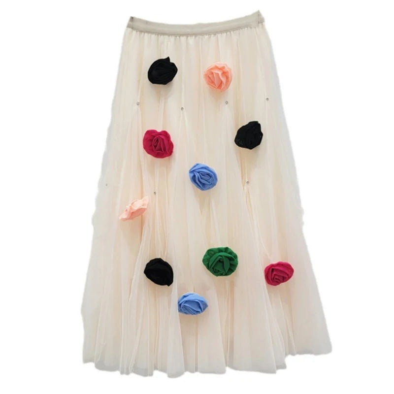 Fashion Women's Mesh Flower Decoration Skirts Versatile High Elastic Waist Medium Long Skirt  Autumn New Items