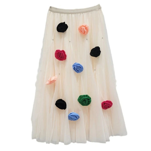 Fashion Women's Mesh Flower Decoration Skirts Versatile High Elastic Waist Medium Long Skirt  Autumn New Items
